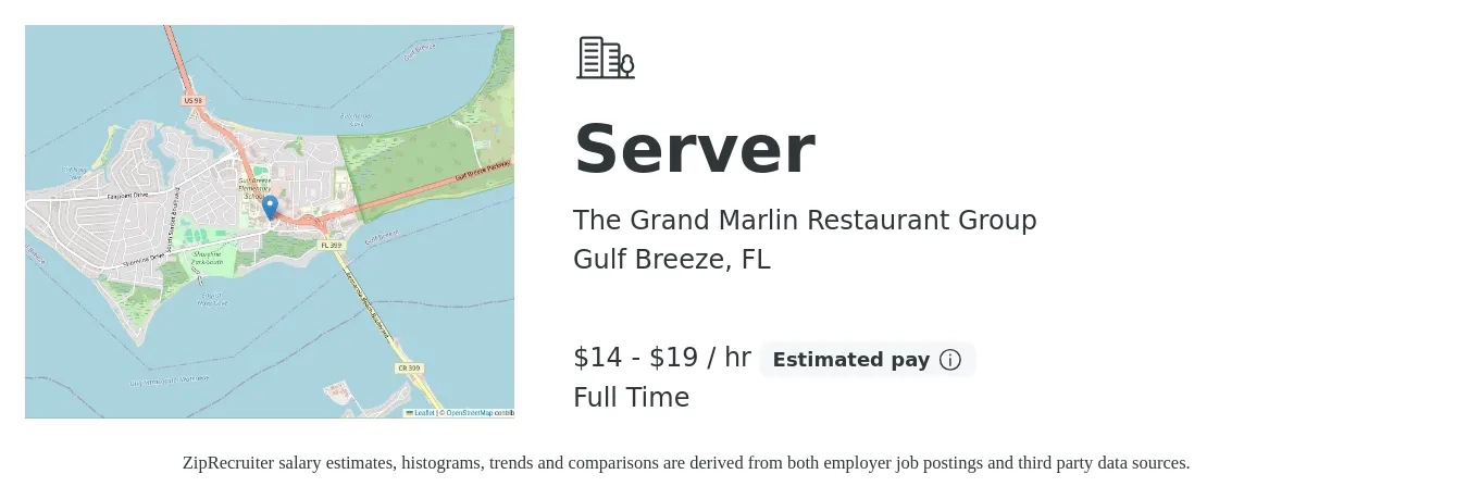 The Grand Marlin Restaurant Group job posting for a Server in Gulf Breeze, FL with a salary of $15 to $20 Hourly with a map of Gulf Breeze location.