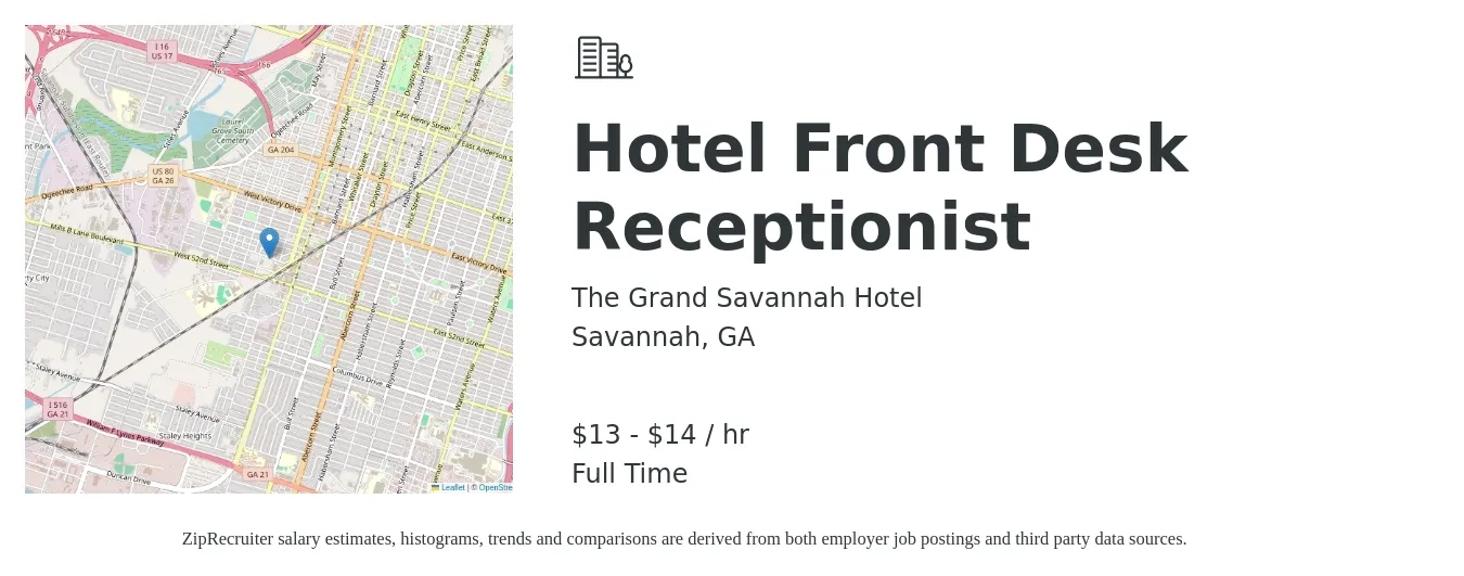 The Grand Savannah Hotel job posting for a Hotel Front Desk Receptionist in Savannah, GA with a salary of $14 to $15 Hourly with a map of Savannah location.