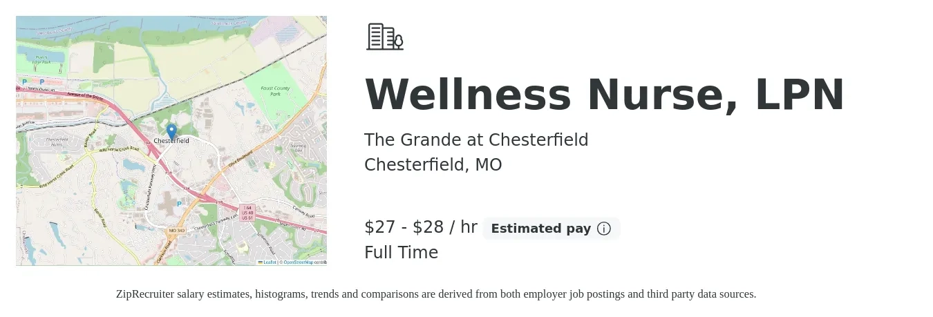 The Grande at Chesterfield job posting for a Wellness Nurse, LPN in Chesterfield, MO with a salary of $29 Hourly with a map of Chesterfield location.