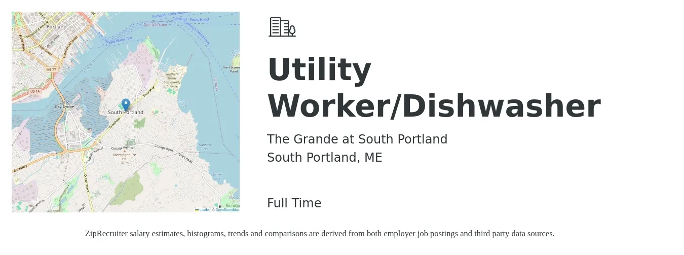 The Grande at South Portland job posting for a Utility Worker/Dishwasher in South Portland, ME with a salary of $16 to $18 Hourly with a map of South Portland location.