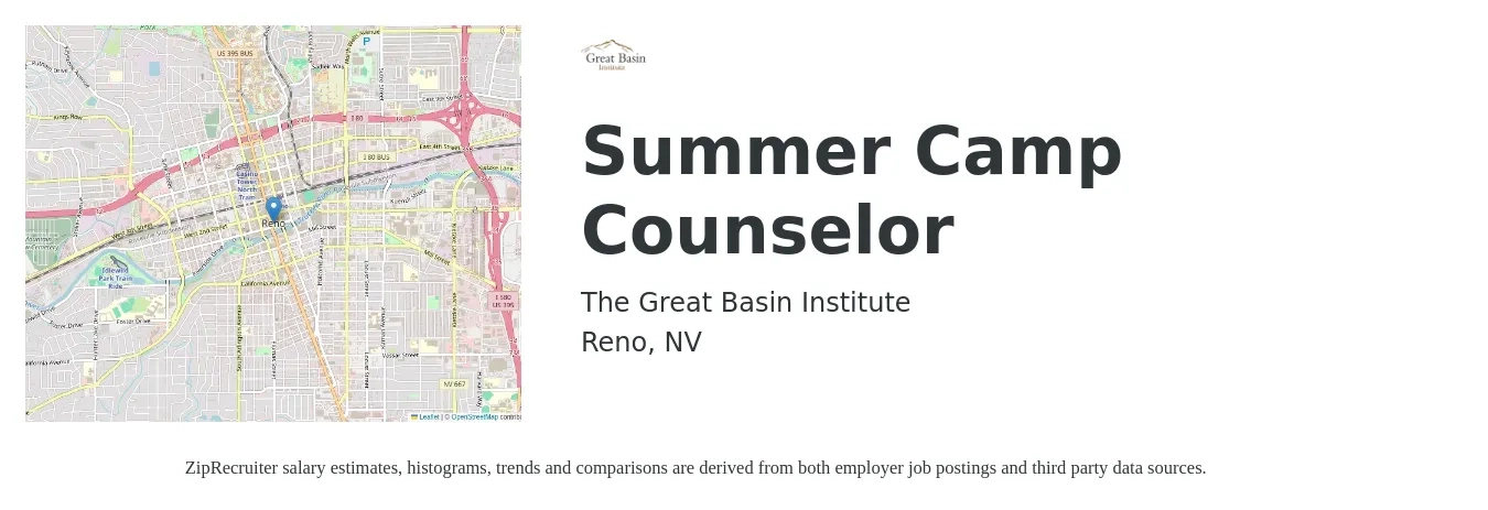 The Great Basin Institute job posting for a Summer Camp Counselor in Reno, NV with a salary of $14 to $18 Hourly with a map of Reno location.