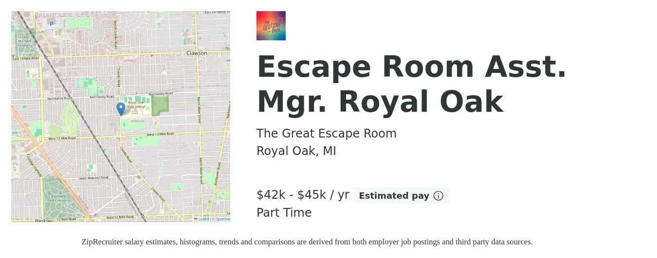 The Great Escape Room job posting for a Escape Room Asst. Mgr. Royal Oak in Royal Oak, MI with a salary of $42,000 to $45,000 Yearly with a map of Royal Oak location.