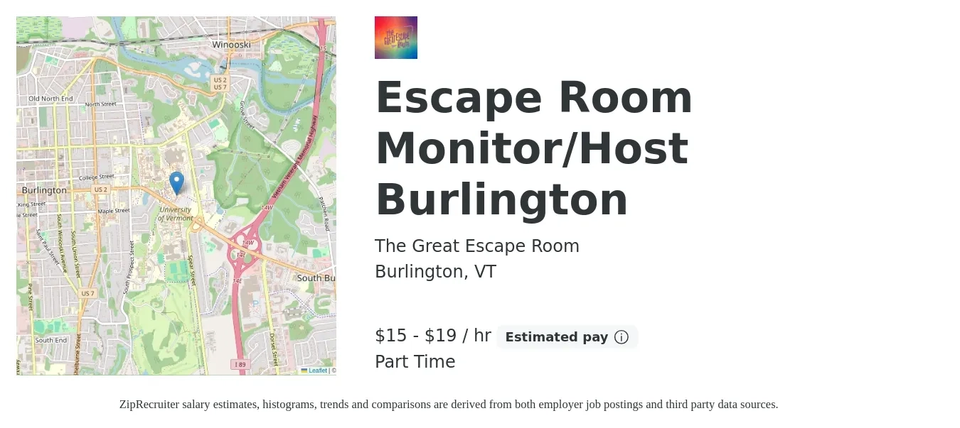 The Great Escape Room job posting for a Escape Room Monitor/Host Burlington in Burlington, VT with a salary of $16 to $20 Hourly with a map of Burlington location.