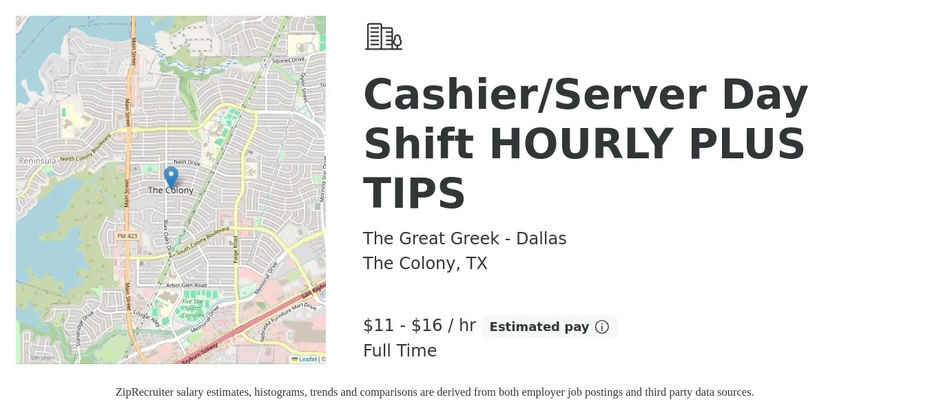 The Great Greek - Dallas job posting for a Cashier/Server Day Shift HOURLY PLUS TIPS in The Colony, TX with a salary of $12 to $17 Hourly with a map of The Colony location.
