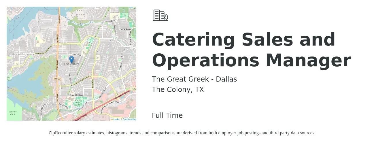 The Great Greek - Dallas job posting for a Catering Sales and Operations Manager in The Colony, TX with a salary of $48,200 to $62,100 Yearly with a map of The Colony location.