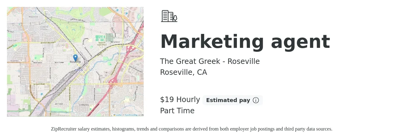 The Great Greek - Roseville job posting for a Marketing agent in Roseville, CA with a salary of $20 Hourly with a map of Roseville location.
