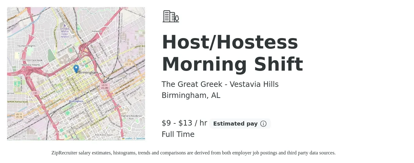The Great Greek - Vestavia Hills job posting for a Host/Hostess Morning Shift in Birmingham, AL with a salary of $10 to $14 Hourly with a map of Birmingham location.