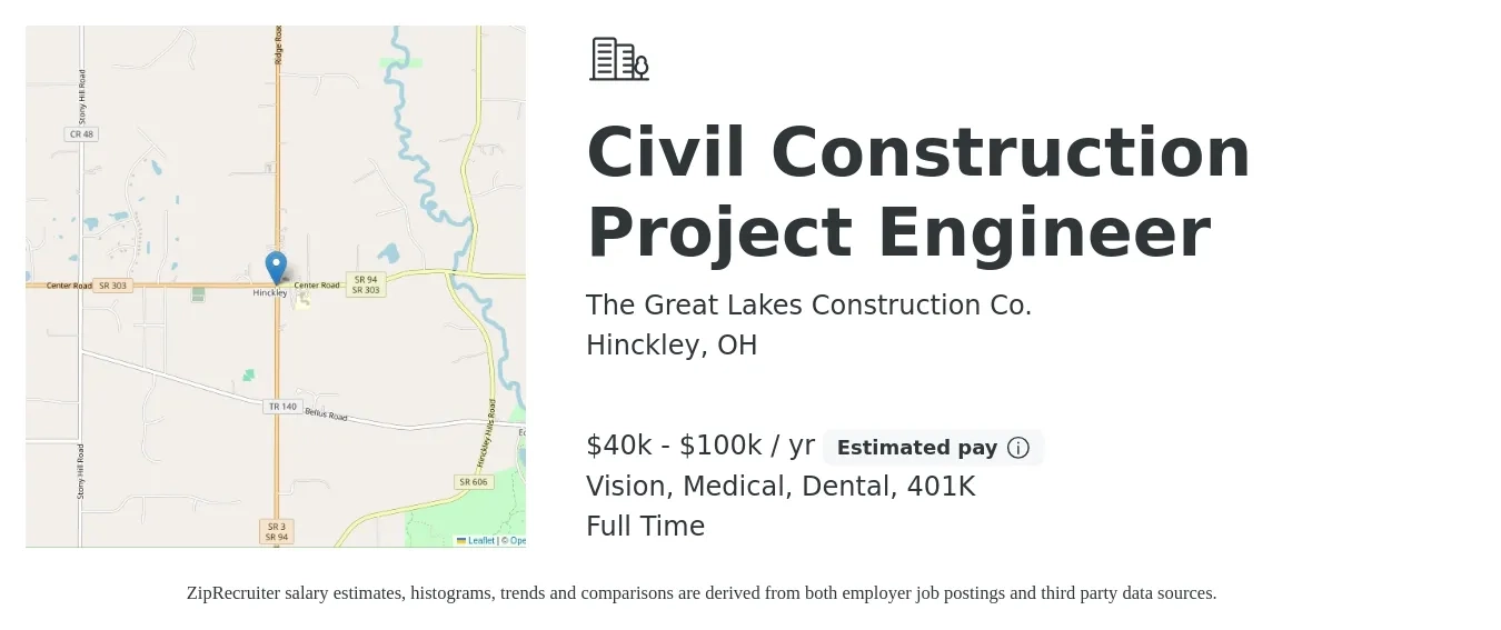 The Great Lakes Construction Co. job posting for a Civil Construction Project Engineer in Hinckley, OH with a salary of $40,000 to $100,000 Yearly and benefits including medical, vision, 401k, dental, and life_insurance with a map of Hinckley location.
