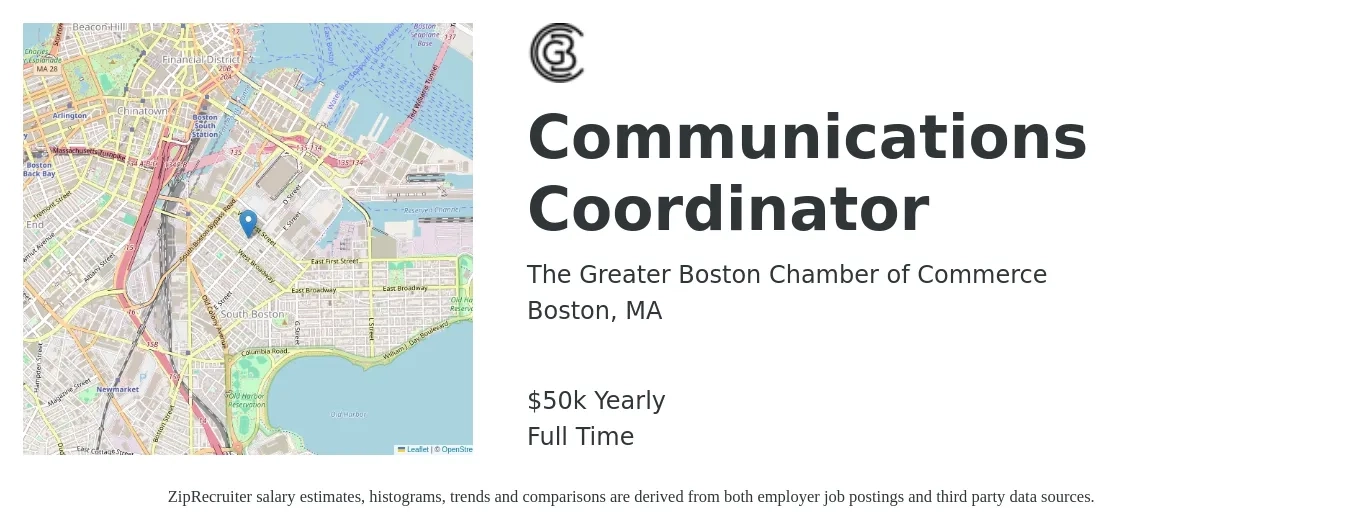 The Greater Boston Chamber of Commerce job posting for a Communications Coordinator in Boston, MA with a salary of $50,000 Yearly with a map of Boston location.