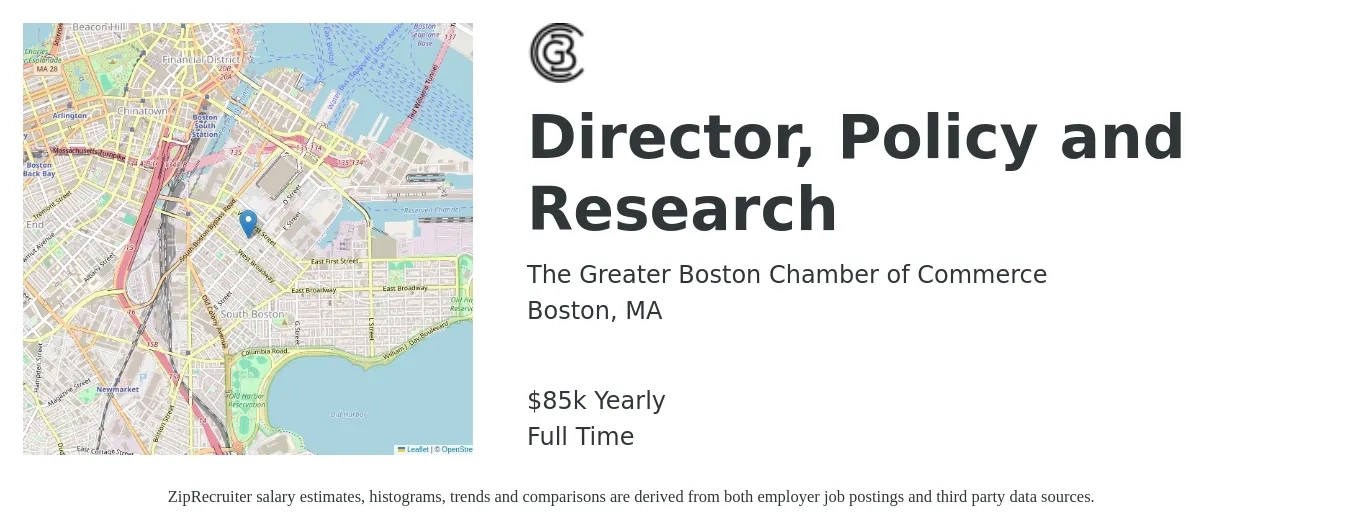 The Greater Boston Chamber of Commerce job posting for a Director, Policy and Research in Boston, MA with a salary of $85,000 Yearly with a map of Boston location.