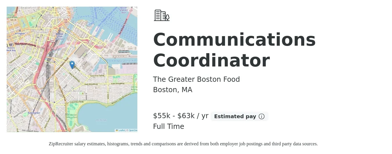 The Greater Boston Food job posting for a Communications Coordinator in Boston, MA with a salary of $55,000 to $63,000 Yearly with a map of Boston location.
