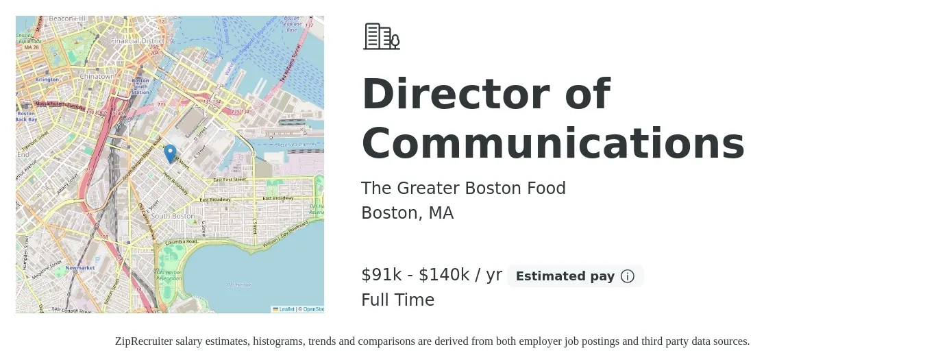 The Greater Boston Food job posting for a Director of Communications in Boston, MA with a salary of $91,000 to $140,000 Yearly with a map of Boston location.