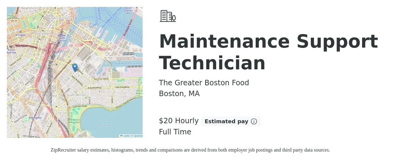 The Greater Boston Food job posting for a Maintenance Support Technician in Boston, MA with a salary of $21 Hourly with a map of Boston location.