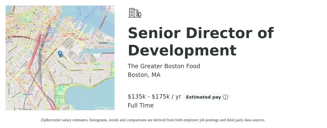 The Greater Boston Food job posting for a Senior Director of Development in Boston, MA with a salary of $135,000 to $175,000 Yearly with a map of Boston location.