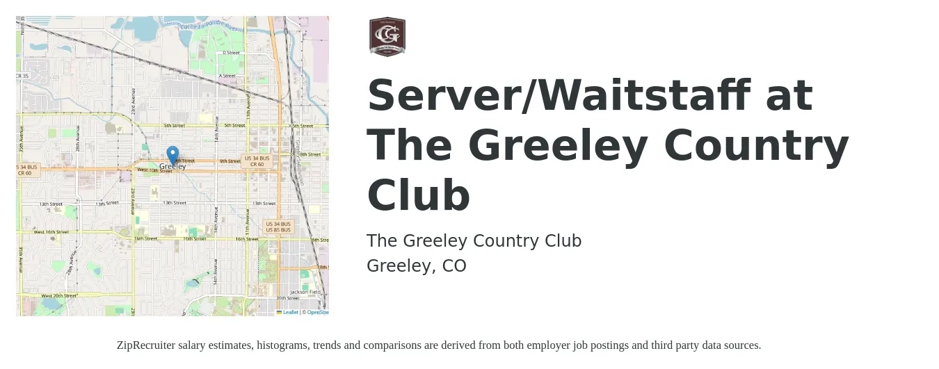 The Greeley Country Club job posting for a Server/Waitstaff at The Greeley Country Club in Greeley, CO with a salary of $10 to $17 Hourly with a map of Greeley location.