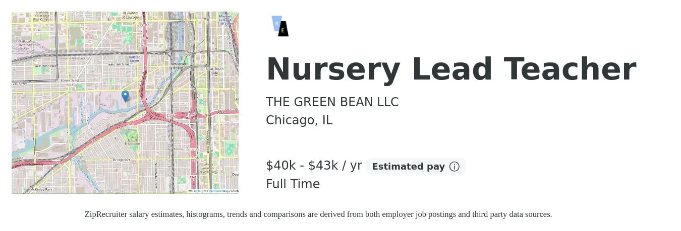 THE GREEN BEAN LLC job posting for a Nursery Lead Teacher in Chicago, IL with a salary of $40,000 to $43,000 Yearly with a map of Chicago location.