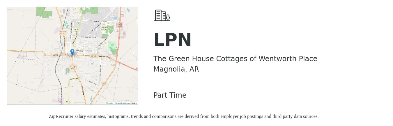 The Green House Cottages of Wentworth Place job posting for a LPN in Magnolia, AR with a salary of $25 to $34 Hourly with a map of Magnolia location.