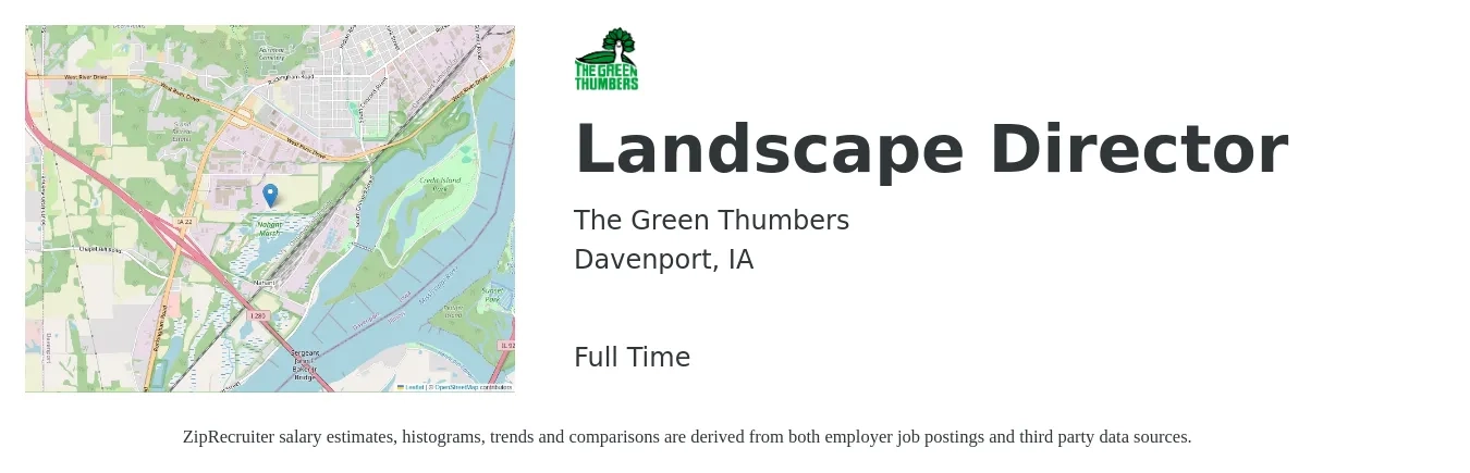 The Green Thumbers job posting for a Landscape Director in Davenport, IA with a salary of $18 to $26 Hourly with a map of Davenport location.