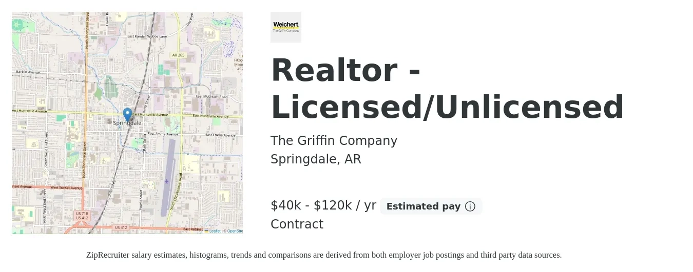 The Griffin Company job posting for a Realtor - Licensed/Unlicensed in Springdale, AR with a salary of $40,000 to $120,000 Yearly (plus commission) with a map of Springdale location.