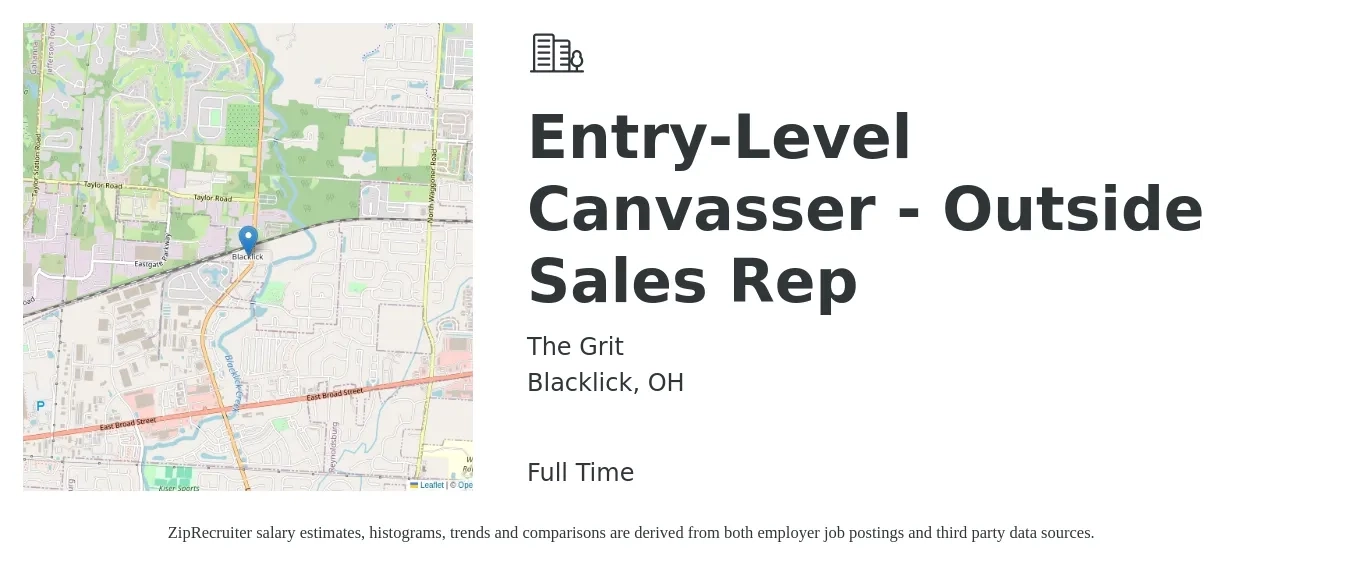 The Grit job posting for a Entry-Level Canvasser - Outside Sales Rep in Blacklick, OH with a salary of $50,700 to $87,000 Yearly with a map of Blacklick location.