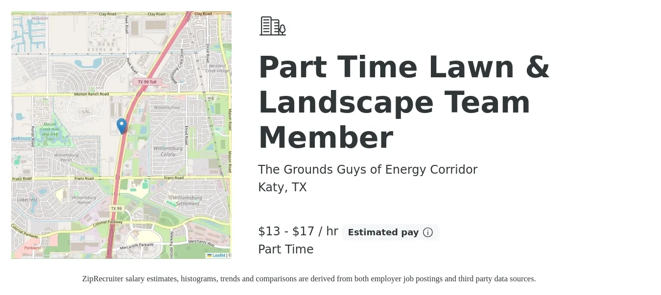 The Grounds Guys of Energy Corridor job posting for a Part Time Lawn & Landscape Team Member in Katy, TX with a salary of $14 to $18 Hourly with a map of Katy location.