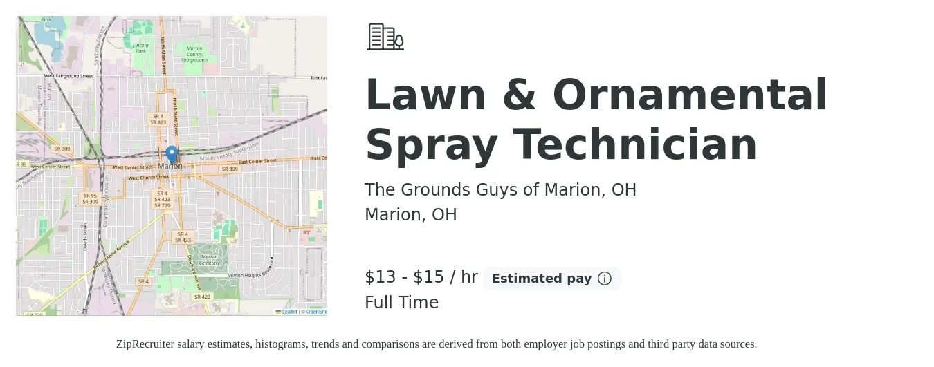 The Grounds Guys of Marion, OH job posting for a Lawn & Ornamental Spray Technician in Marion, OH with a salary of $14 to $16 Hourly with a map of Marion location.