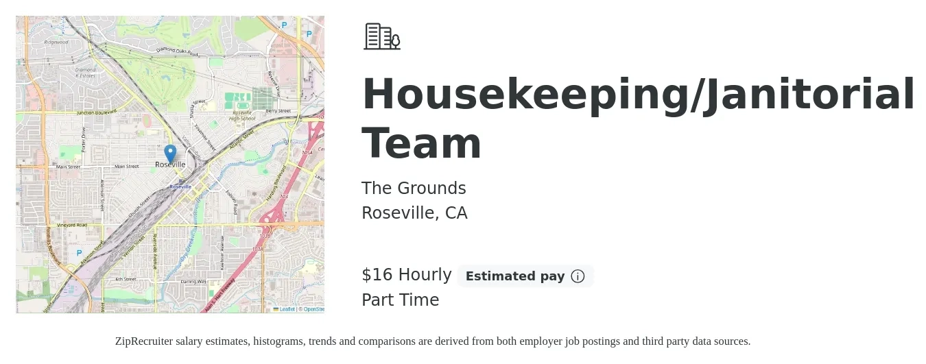 @the Grounds job posting for a Housekeeping/Janitorial Team in Roseville, CA with a salary of $17 Hourly with a map of Roseville location.
