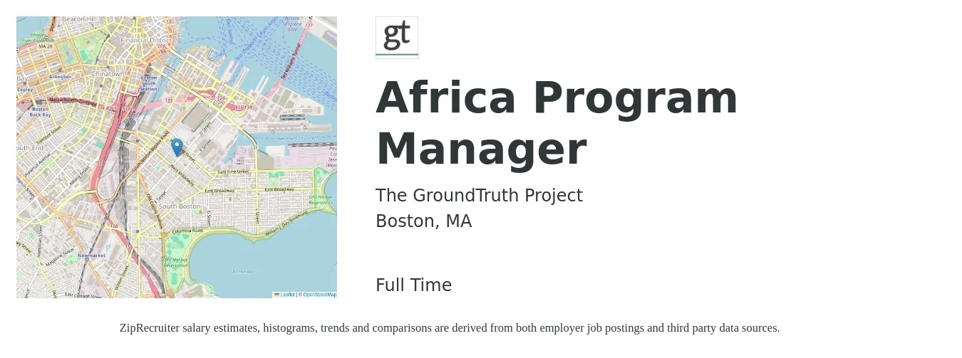 The GroundTruth Project job posting for a Africa Program Manager in Boston, MA with a salary of $86,400 to $143,900 Yearly with a map of Boston location.