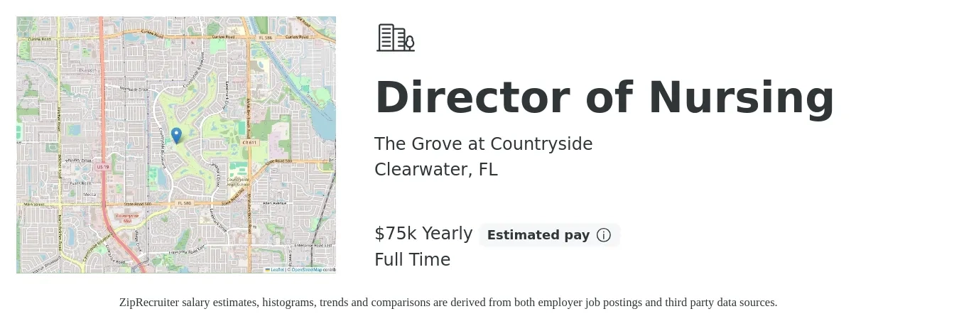 The Grove at Countryside job posting for a Director of Nursing in Clearwater, FL with a salary of $75,000 Yearly with a map of Clearwater location.