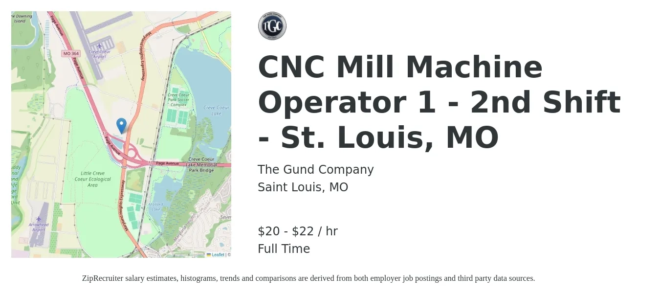 The Gund Company job posting for a CNC Mill Machine Operator 1 - 2nd Shift - St. Louis, MO in Saint Louis, MO with a salary of $21 to $23 Hourly with a map of Saint Louis location.