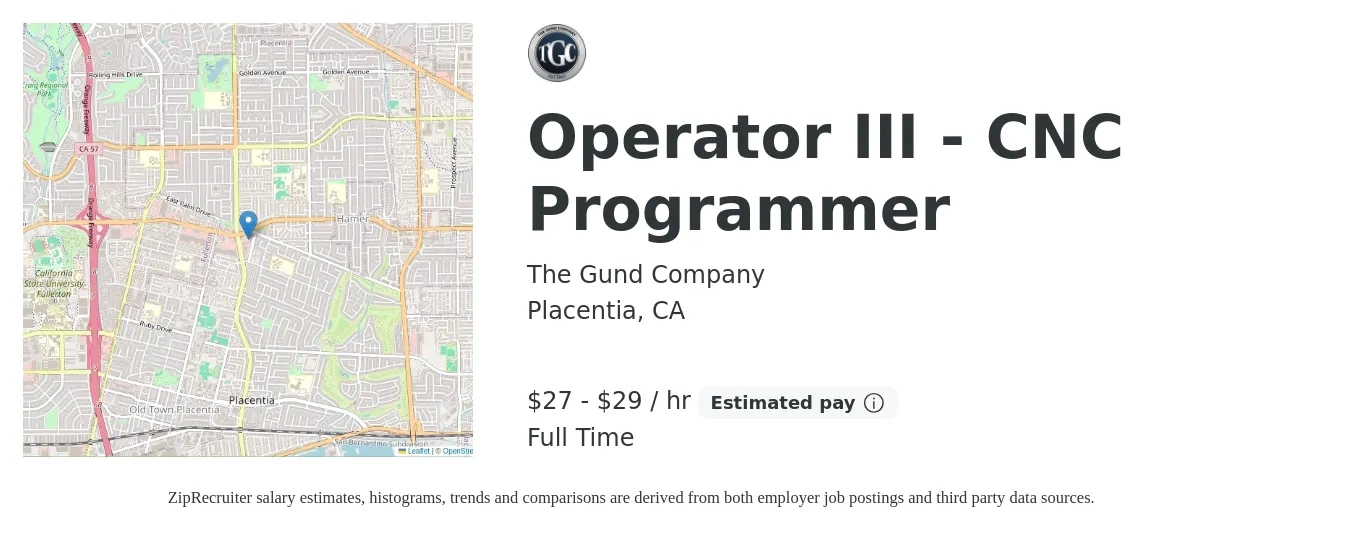 The Gund Company job posting for a Operator III - CNC Programmer in Placentia, CA with a salary of $29 to $31 Hourly with a map of Placentia location.