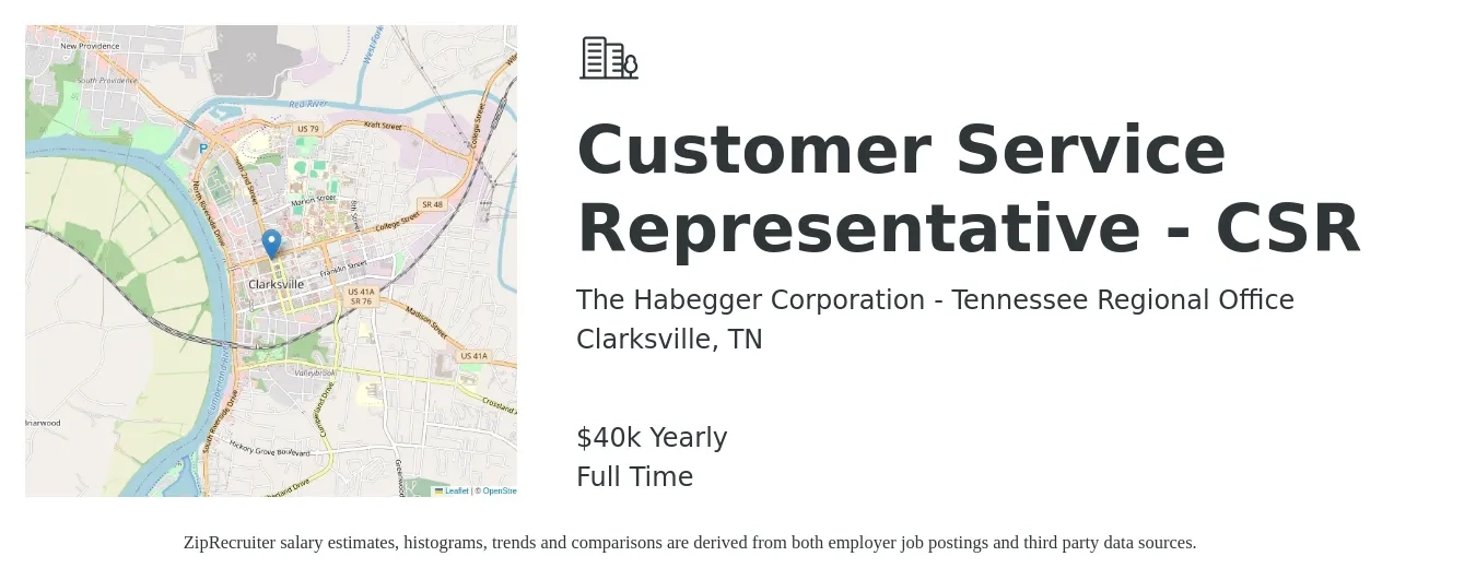 The Habegger Corporation - Tennessee Regional Office job posting for a Customer Service Representative - CSR in Clarksville, TN with a salary of $40,000 Yearly with a map of Clarksville location.