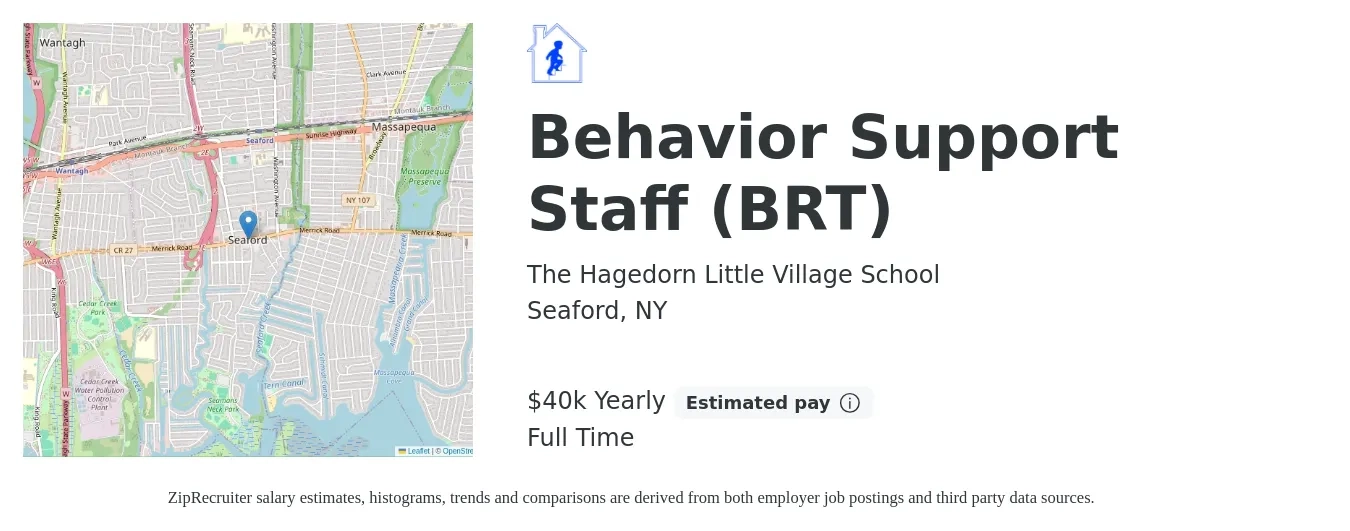 The Hagedorn Little Village School job posting for a Behavior Support Staff (BRT) in Seaford, NY with a salary of $40,365 Yearly with a map of Seaford location.