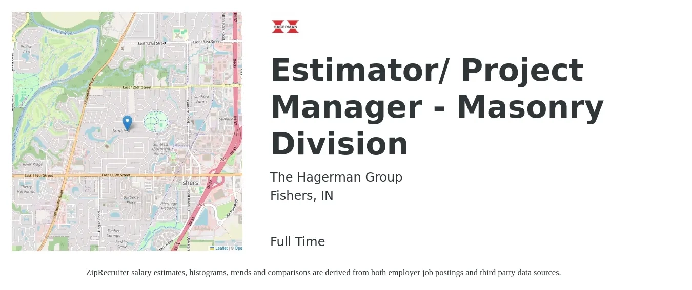 The Hagerman Group job posting for a Estimator/ Project Manager - Masonry Division in Fishers, IN with a salary of $70,600 to $112,000 Yearly with a map of Fishers location.