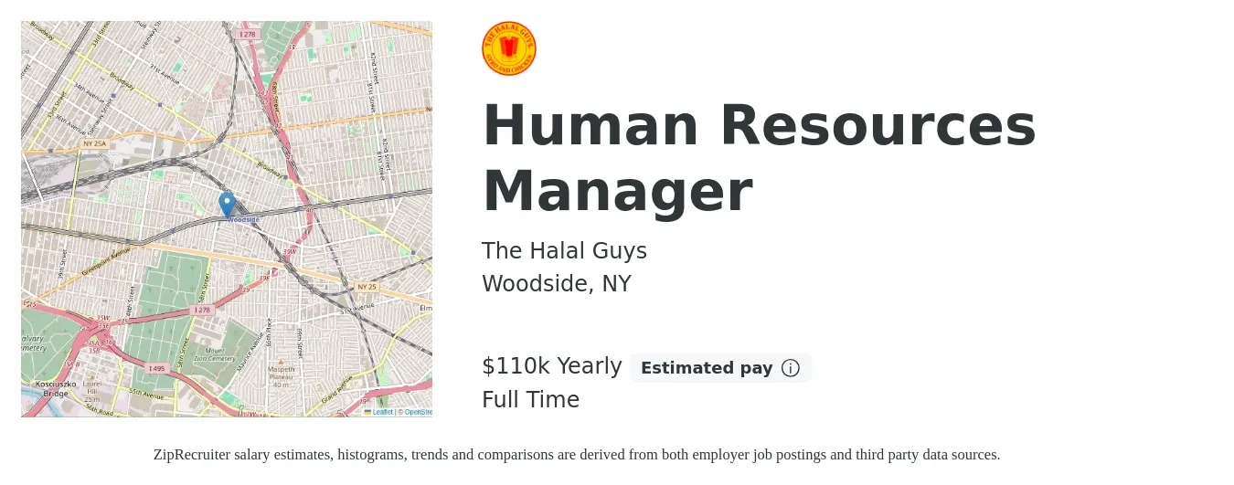 The Halal Guys job posting for a Human Resources Manager in Woodside, NY with a salary of $110,000 Yearly with a map of Woodside location.