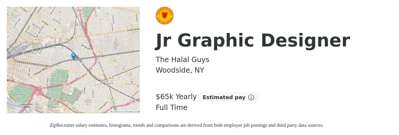 The Halal Guys job posting for a Jr Graphic Designer in Woodside, NY with a salary of $65,000 Yearly with a map of Woodside location.