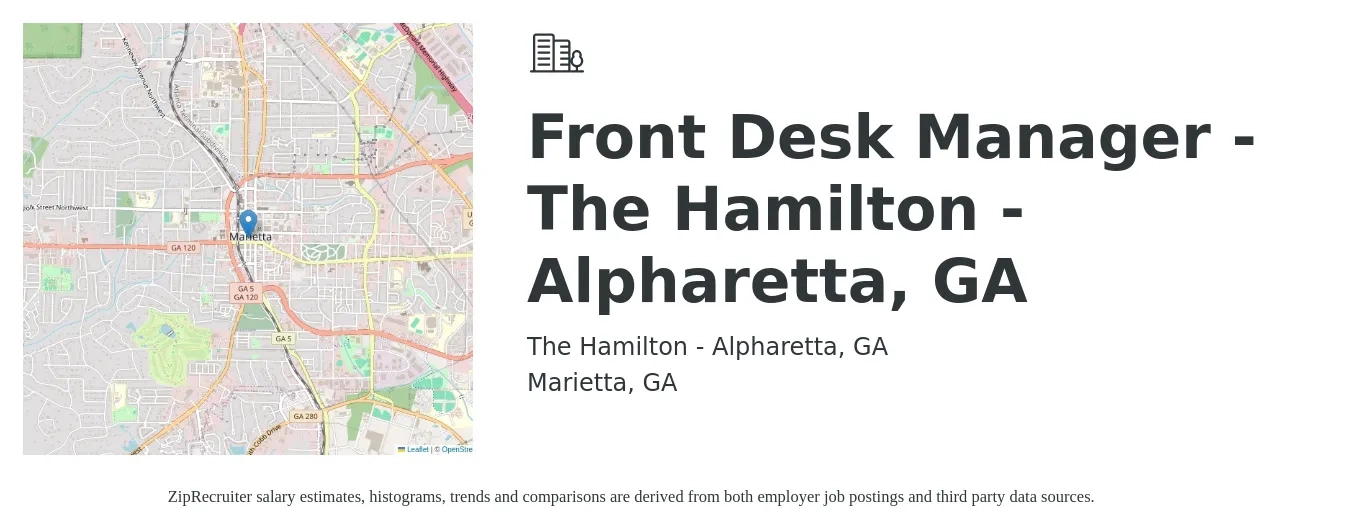 The Hamilton - Alpharetta, GA job posting for a Front Desk Manager - The Hamilton - Alpharetta, GA in Marietta, GA with a salary of $16 to $20 Hourly with a map of Marietta location.