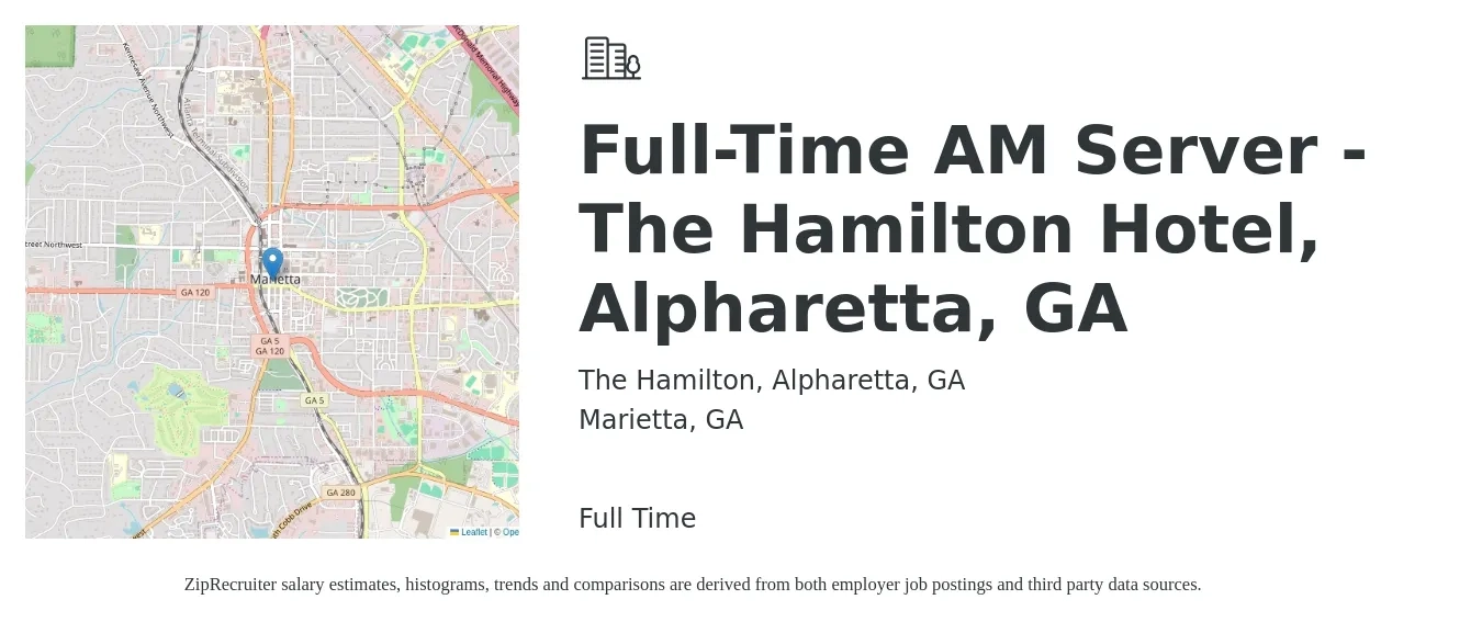 The Hamilton, Alpharetta, GA job posting for a Full-Time AM Server - The Hamilton Hotel, Alpharetta, GA in Marietta, GA with a salary of $13 to $16 Hourly with a map of Marietta location.