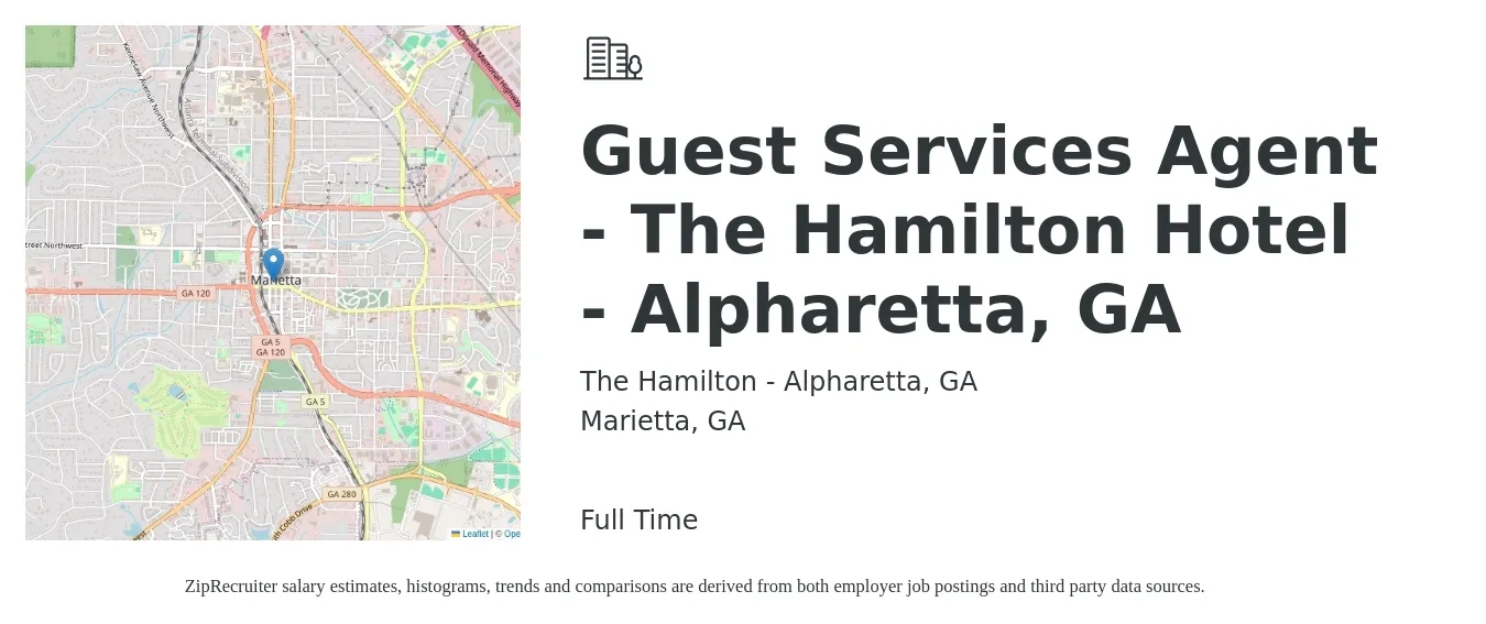 The Hamilton - Alpharetta, GA job posting for a Guest Services Agent - The Hamilton Hotel - Alpharetta, GA in Marietta, GA with a salary of $14 to $18 Hourly with a map of Marietta location.