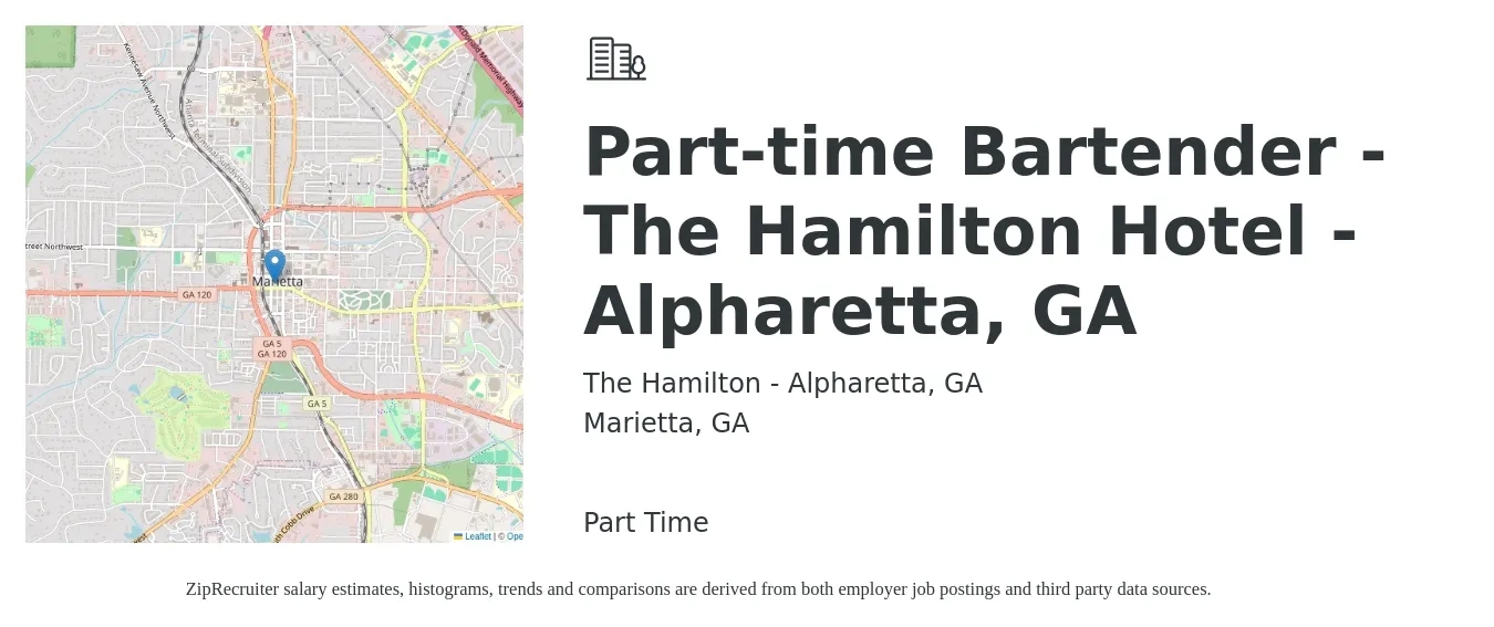 The Hamilton - Alpharetta, GA job posting for a Part-time Bartender - The Hamilton Hotel - Alpharetta, GA in Marietta, GA with a salary of $9 to $17 Hourly with a map of Marietta location.