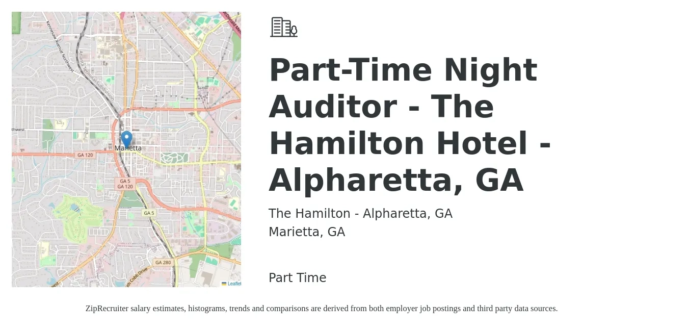 The Hamilton - Alpharetta, GA job posting for a Part-Time Night Auditor - The Hamilton Hotel - Alpharetta, GA in Marietta, GA with a salary of $14 to $18 Hourly with a map of Marietta location.