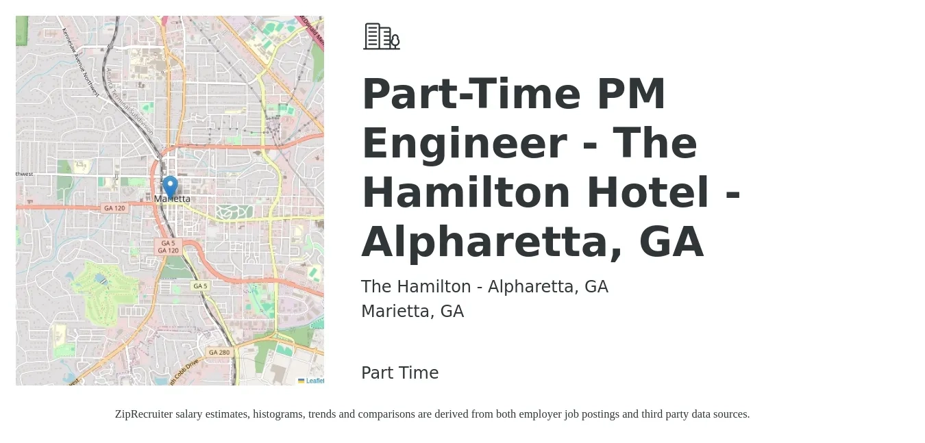 The Hamilton - Alpharetta, GA job posting for a Part-Time PM Engineer - The Hamilton Hotel - Alpharetta, GA in Marietta, GA with a salary of $16 to $22 Hourly with a map of Marietta location.