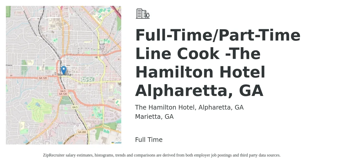 The Hamilton Hotel, Alpharetta, GA job posting for a Full-Time/Part-Time Line Cook -The Hamilton Hotel Alpharetta, GA in Marietta, GA with a salary of $14 to $18 Hourly with a map of Marietta location.