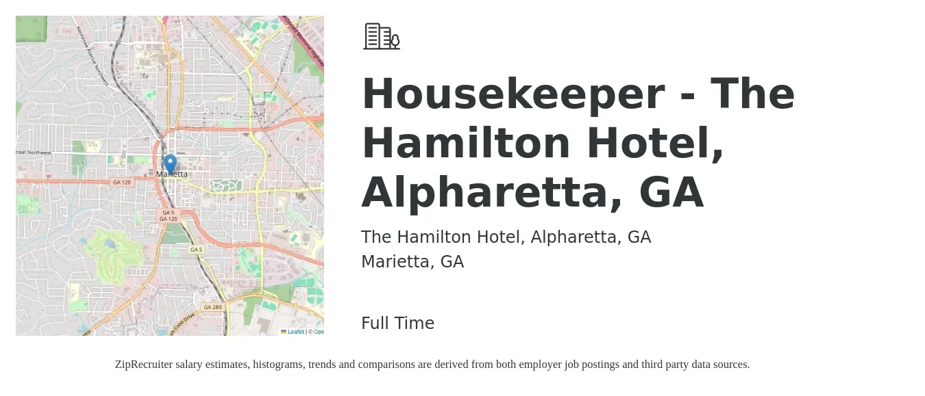 The Hamilton Hotel, Alpharetta, GA job posting for a Housekeeper - The Hamilton Hotel, Alpharetta, GA in Marietta, GA with a salary of $13 to $16 Hourly with a map of Marietta location.