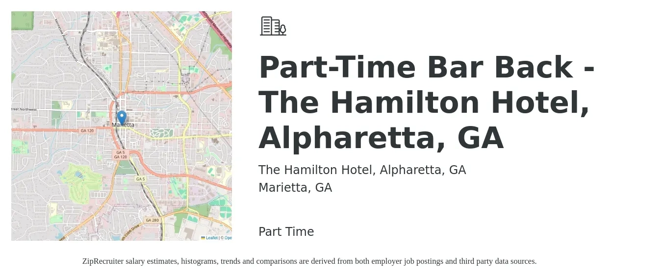 The Hamilton Hotel, Alpharetta, GA job posting for a Part-Time Bar Back - The Hamilton Hotel, Alpharetta, GA in Marietta, GA with a salary of $9 to $15 Hourly with a map of Marietta location.