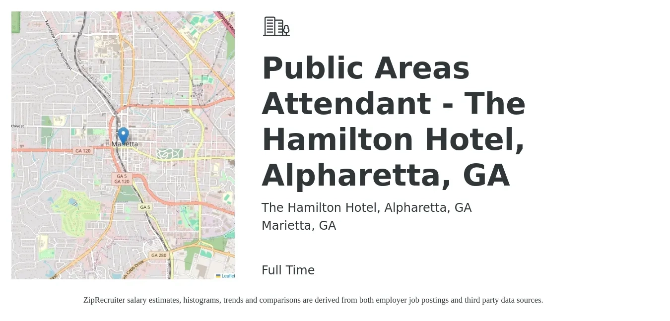 The Hamilton Hotel, Alpharetta, GA job posting for a Public Areas Attendant - The Hamilton Hotel, Alpharetta, GA in Marietta, GA with a salary of $13 to $16 Hourly with a map of Marietta location.