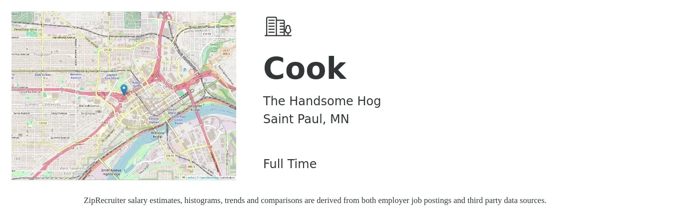 The Handsome Hog job posting for a Cook in Saint Paul, MN with a salary of $14 to $19 Hourly with a map of Saint Paul location.
