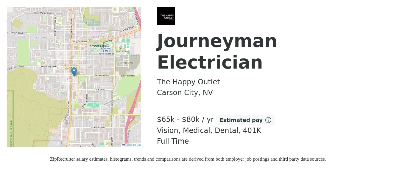 The Happy Outlet job posting for a Journeyman Electrician in Carson City, NV with a salary of $65,000 to $80,000 Yearly and benefits including medical, vision, 401k, and dental with a map of Carson City location.