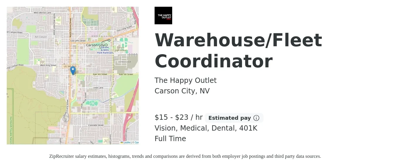 The Happy Outlet job posting for a Warehouse/Fleet Coordinator in Carson City, NV with a salary of $16 to $24 Hourly and benefits including 401k, dental, medical, and vision with a map of Carson City location.
