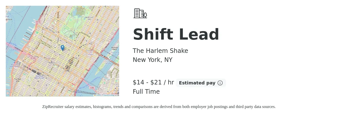The Harlem Shake job posting for a Shift Lead in New York, NY with a salary of $15 to $22 Hourly with a map of New York location.
